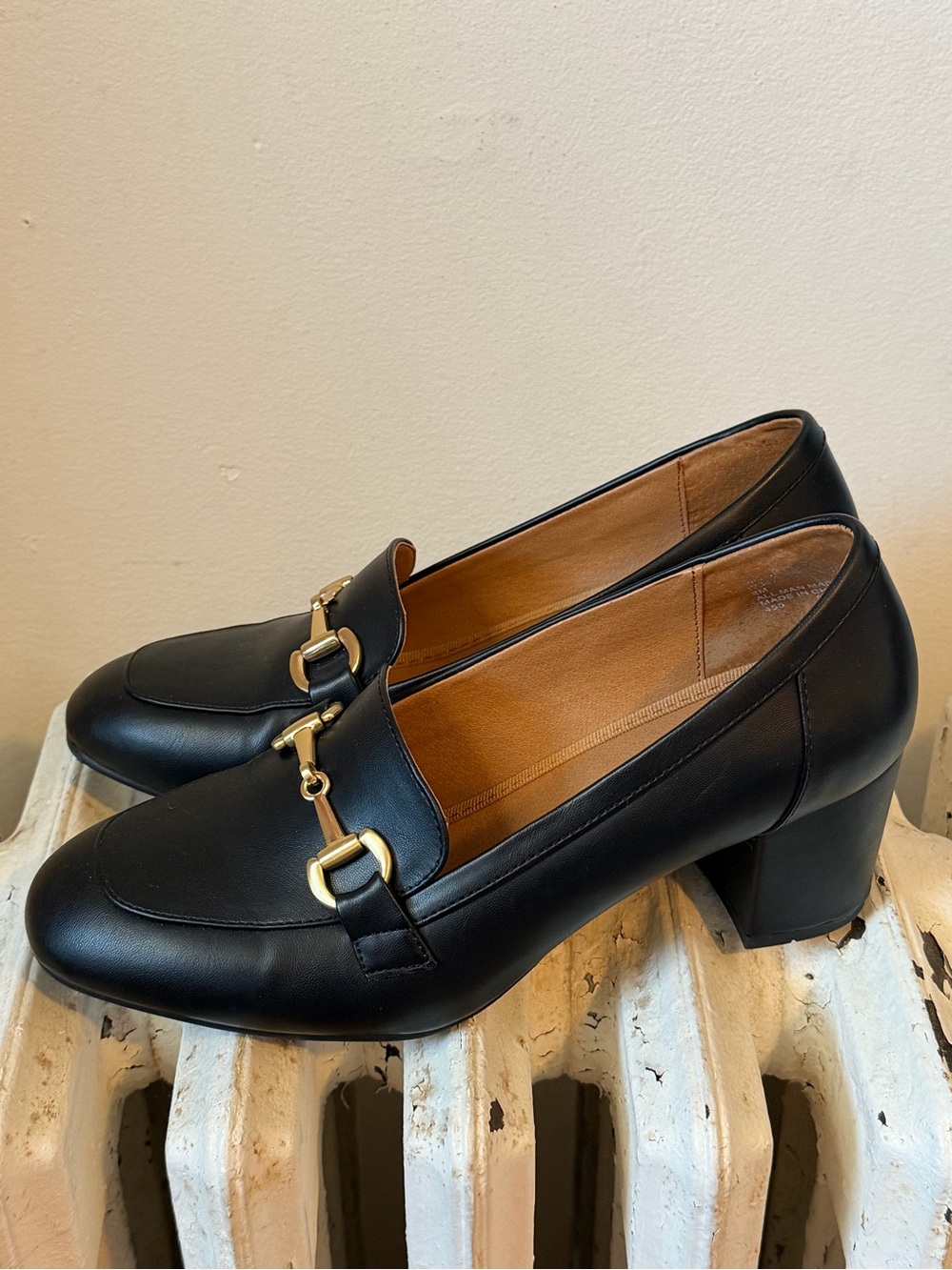 Classic Black Leather Block Heel Loafers with Gold Buckles